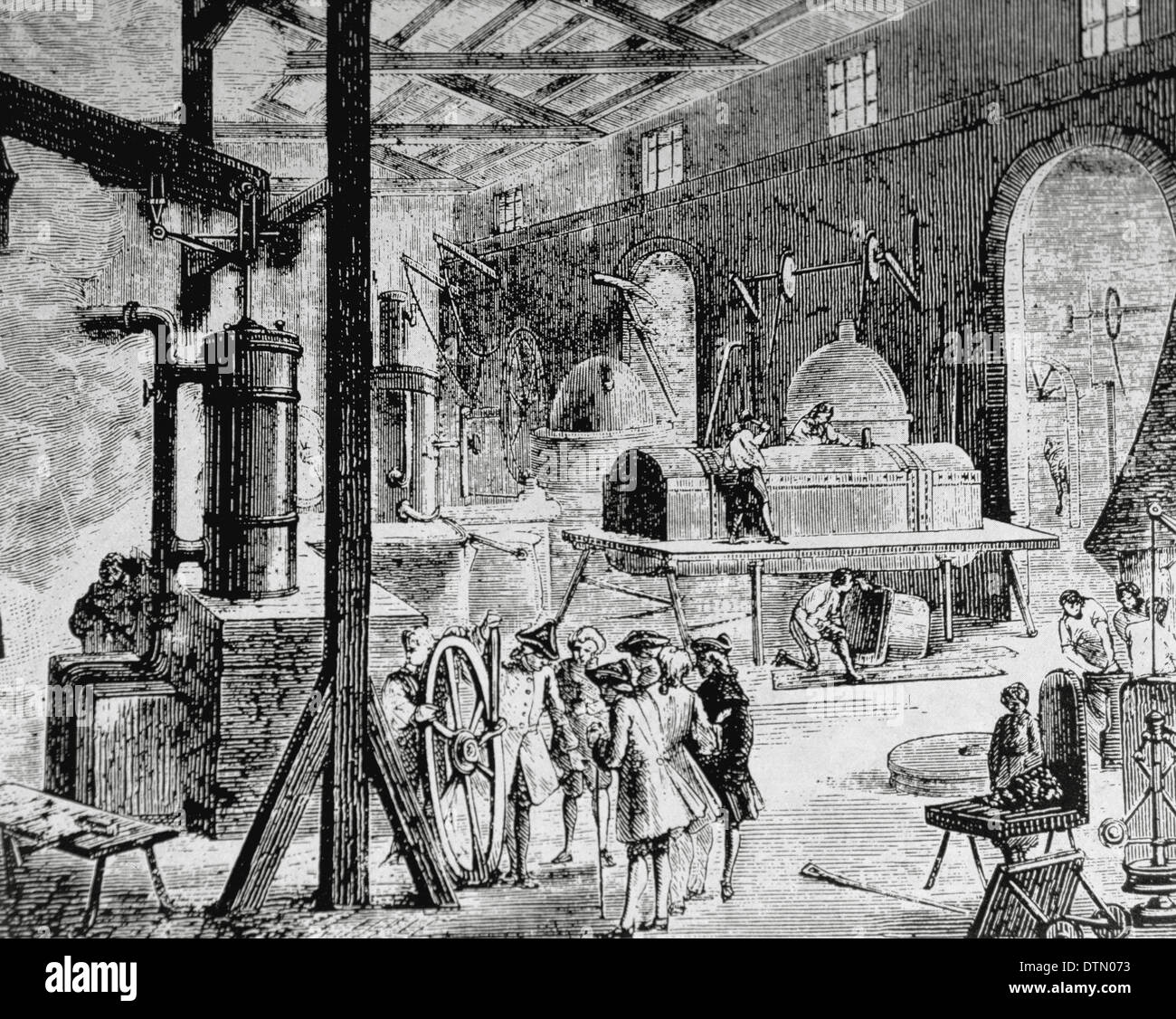 Industrielle Revolution. London. Innenraum eines englischen Fabrik. Ende des 18. Jahrhunderts. Gravur. Stockfoto