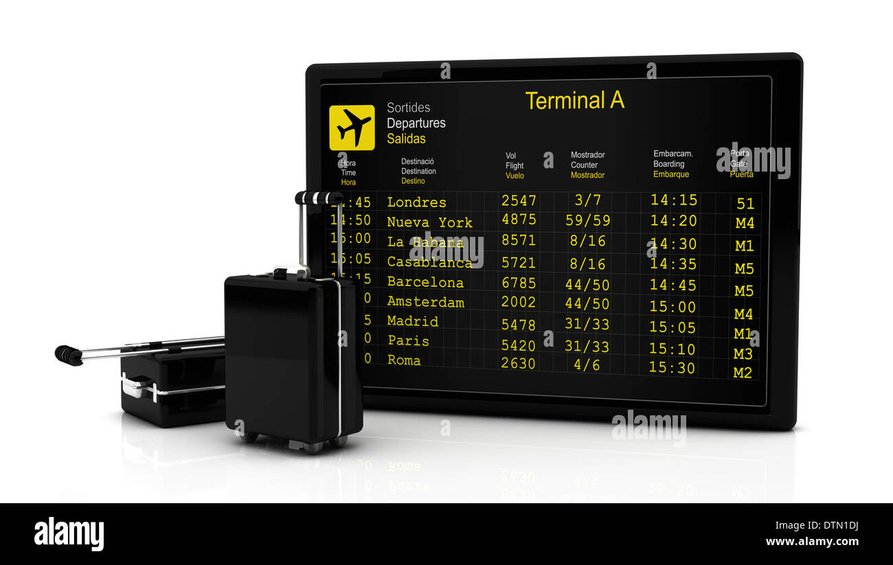 Abflüge Information Board Flüge entlang und Koffer in 3d auf weißem Hintergrund Stockfoto