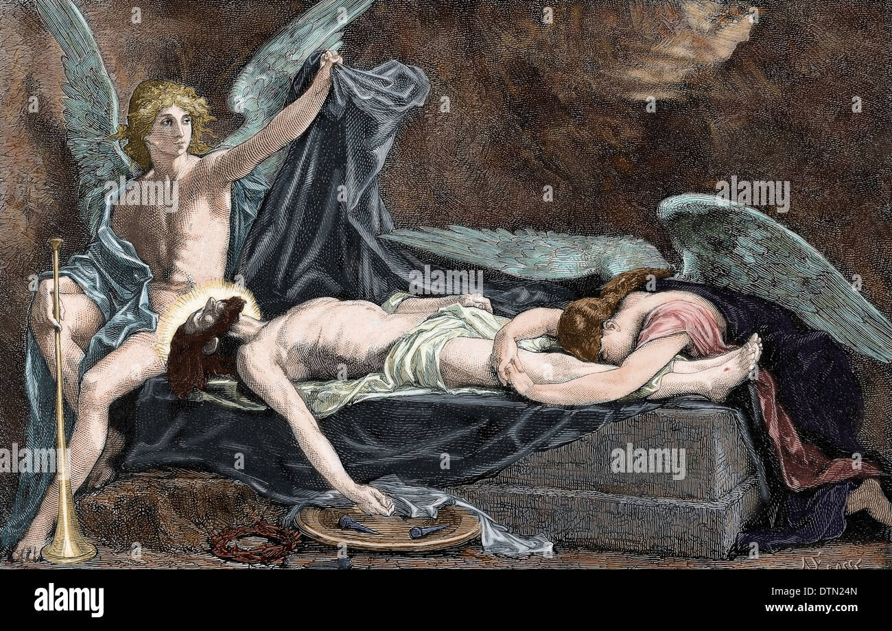 Jesus von Nazareth, der Messias, der im Grab. Kupferstich von Ecosse der iberischen Abbildung, 1885. Farbige. Stockfoto