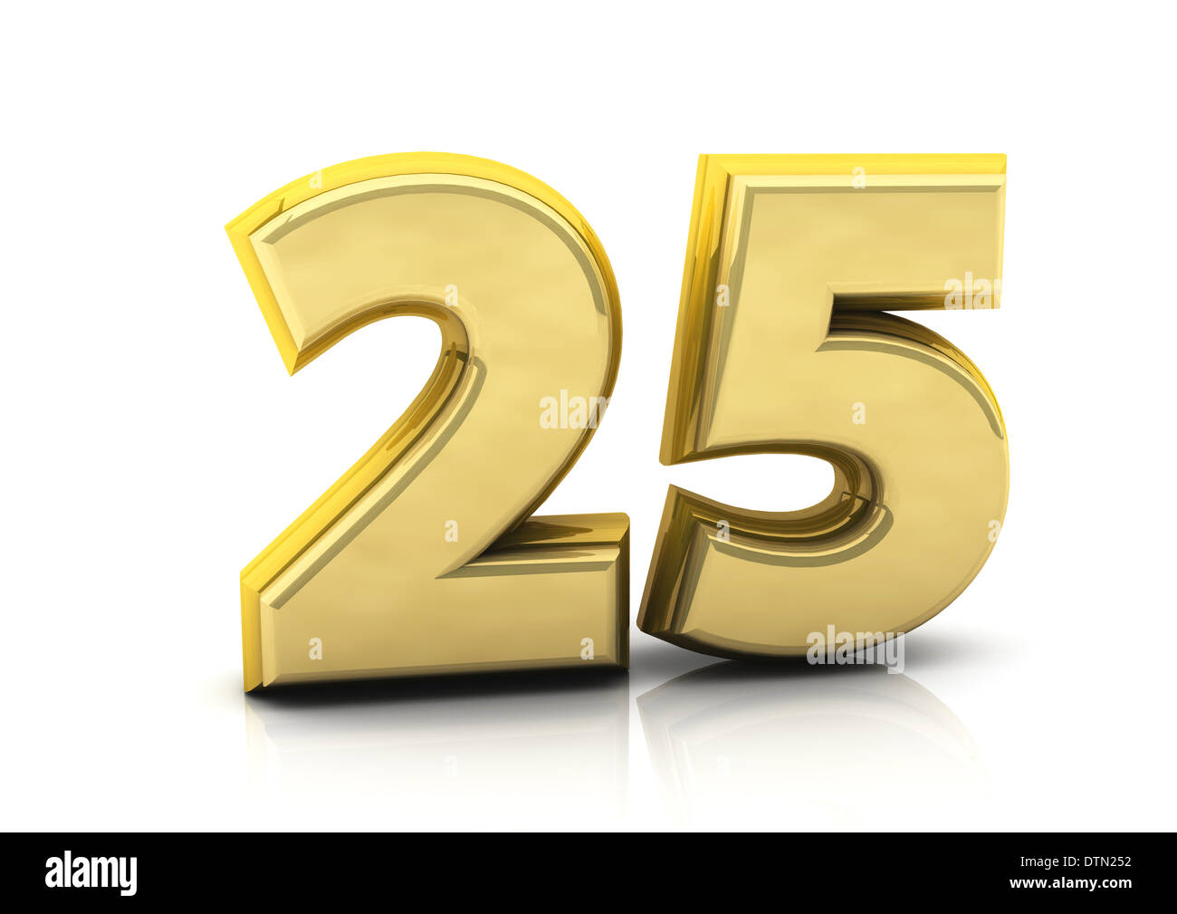 3D Zahl fünfundzwanzig in Gold auf weißem Hintergrund Stockfoto