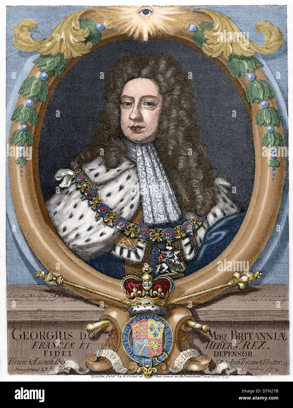 George II (1683-1760). König von Großbritannien und Irland. Kurfürsten des Heiligen Römischen Reiches. Farbige Gravur. Stockfoto