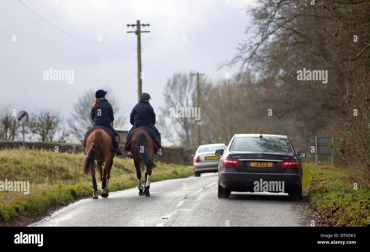 UK, Gloucestershire: Autos fahren langsam vorbei Pferde geritten entlang einer Landstraße in Gloucestershire. Stockfoto