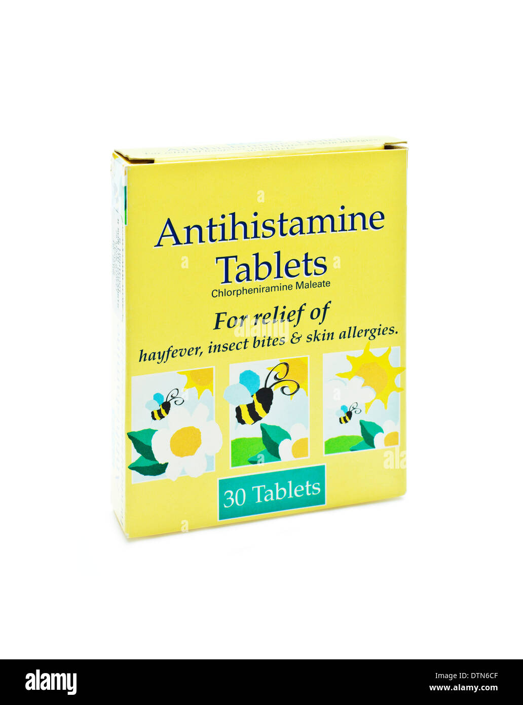 Schachtel mit 30 Antihistaminikum Tabletten auf weißem Hintergrund Stockfoto