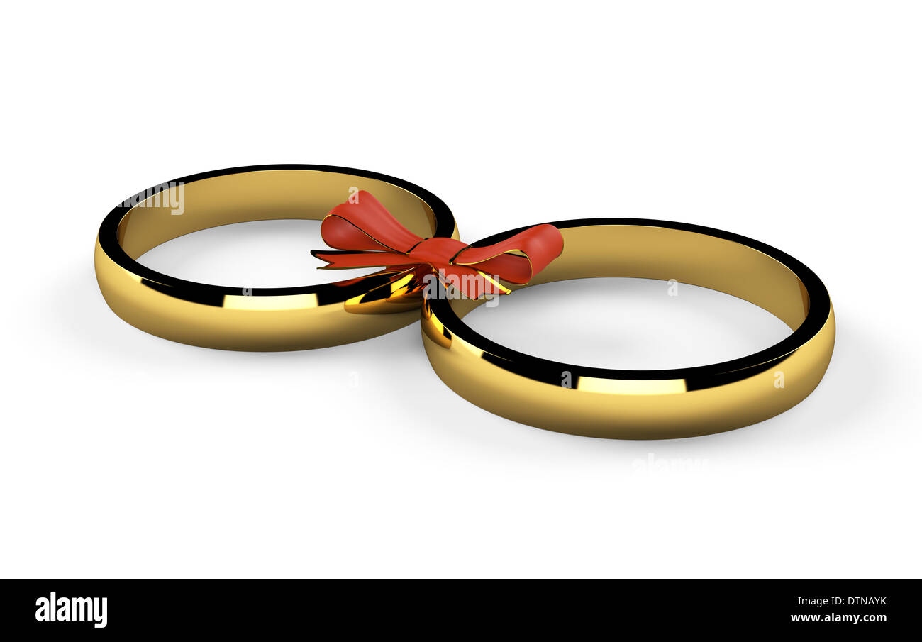 Zwei goldene Ringe und Bogen auf weißem Hintergrund Stockfoto