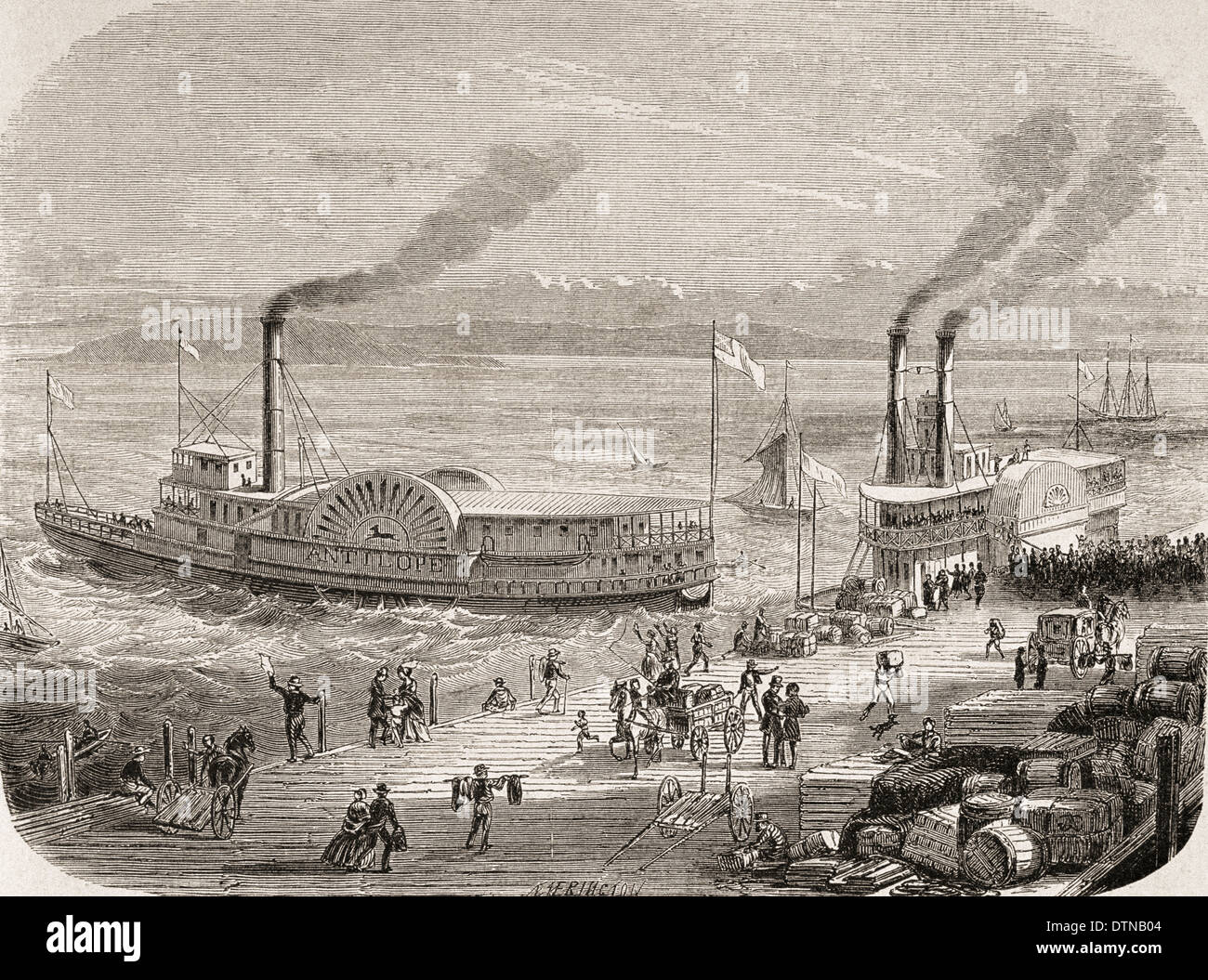 Die San Francisco Docks in den 1860er Jahren, nach einem Kupferstich von Chassevent Bacques. Stockfoto