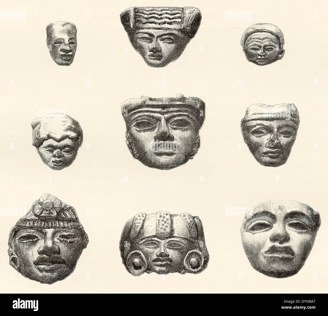 Stein-Köpfe und Masken von Desiré Charnay während seiner Expedition im Jahre 1880/1883 in Teotihuacan, Mexiko gefunden. Stockfoto