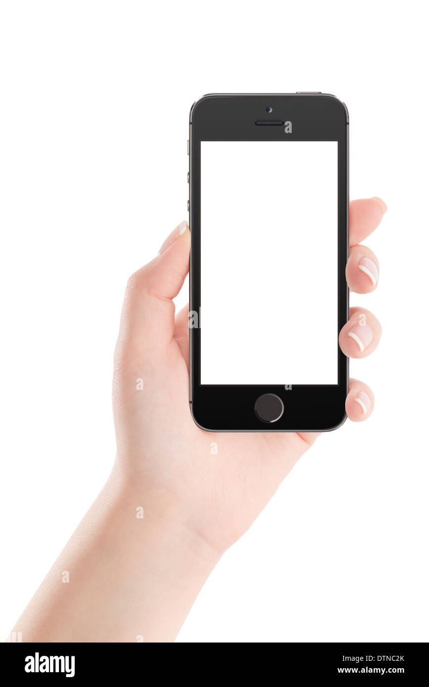 Weibliche Hand mit modernen schwarzen mobile Smartphone mit unbelegten Schirm isoliert auf weißem Hintergrund. Hohe Qualität. Stockfoto
