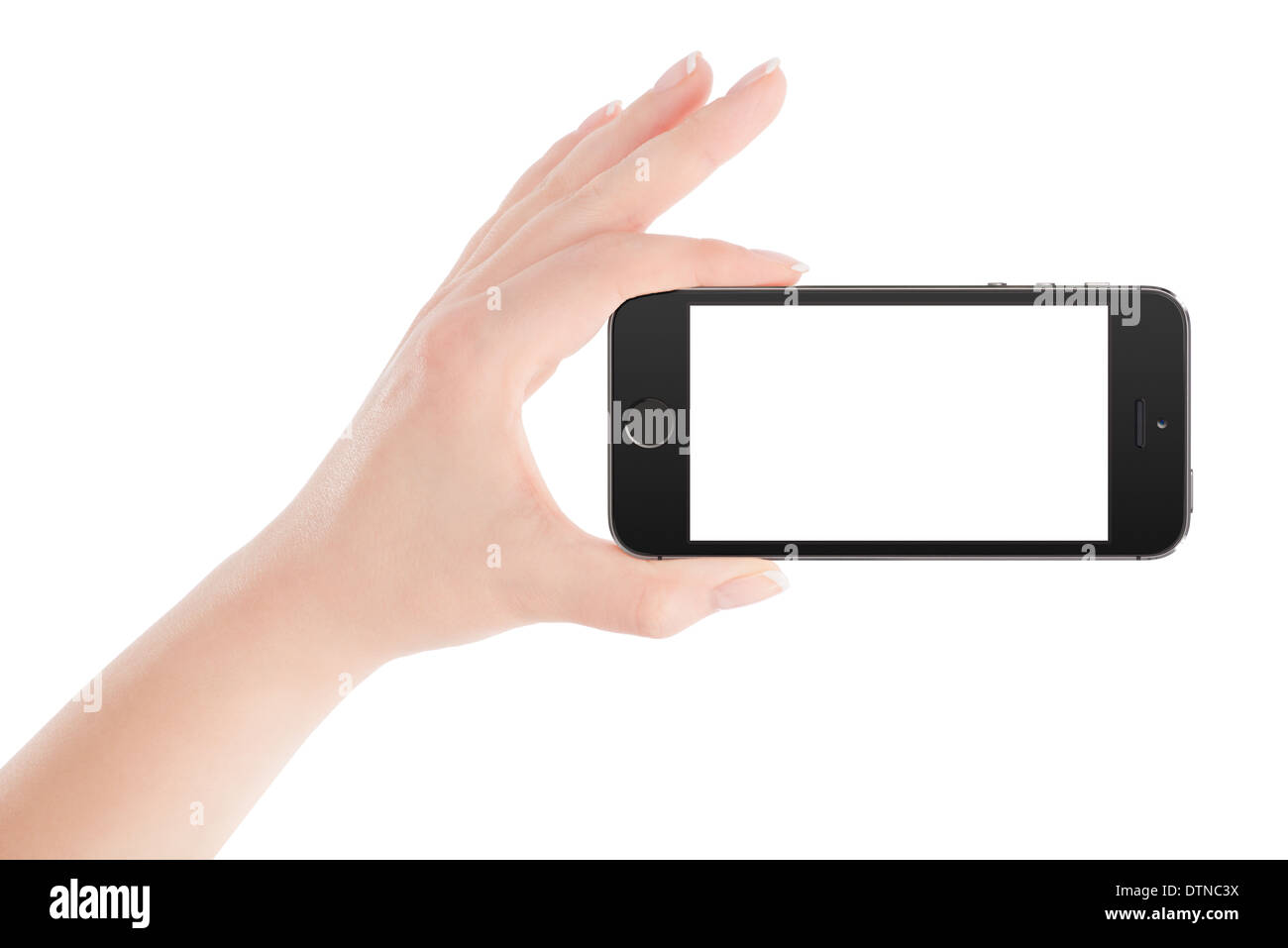 Weibliche Hand mit schwarzen moderne Smartphone mit leeren Bildschirm im Querformat. Isoliert auf weißem Hintergrund. Stockfoto