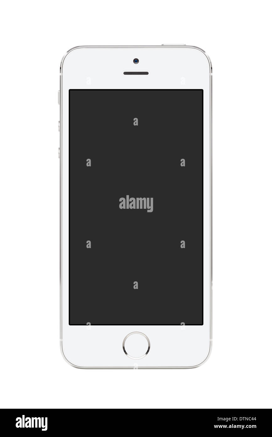 Direkt Vorderansicht eines modernen weißen mobile smart phone mit unbelegten Schirm isoliert auf weißem Hintergrund. Hohe Qualität. Stockfoto