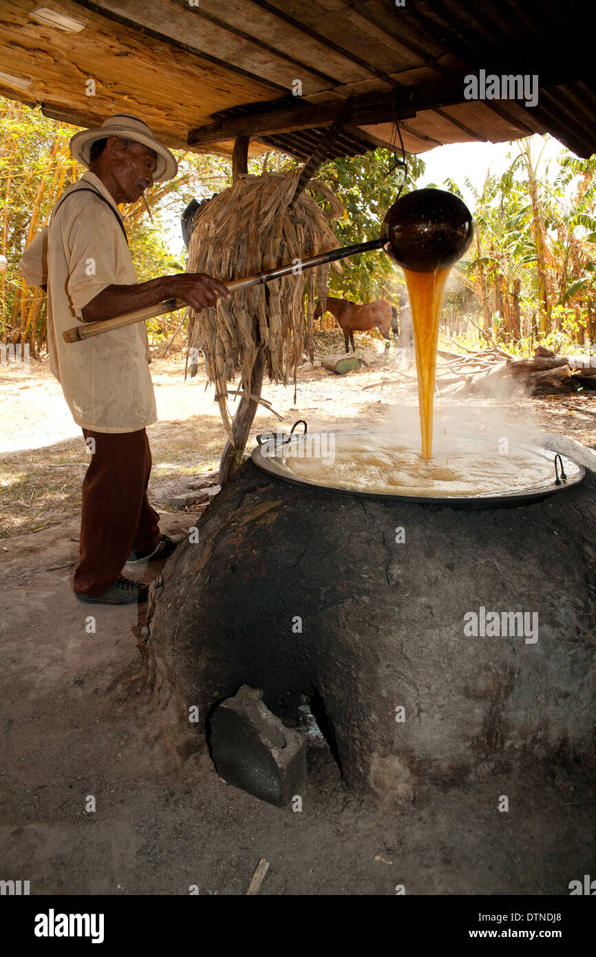 Panamaischer Bauer kocht Zuckerrohrsaft auf seiner kleinen Farm in El Rosario in der Nähe von Penonome in der Provinz Cocle, Republik Panama, Mittelamerika. Stockfoto