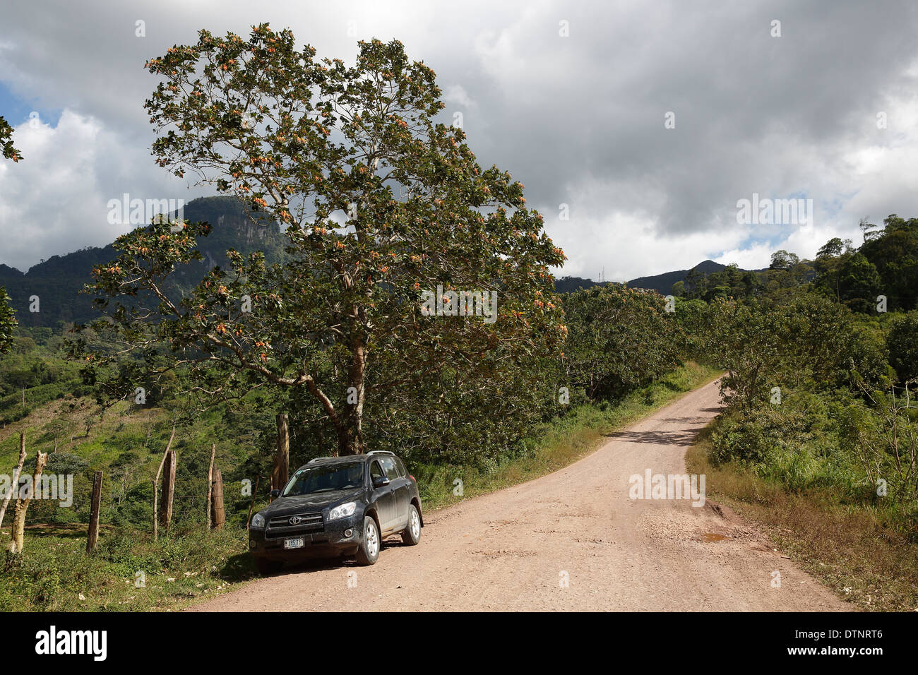 Auto auf einer unbefestigten Straße, Peñas Blancas, Nicaragua Stockfoto