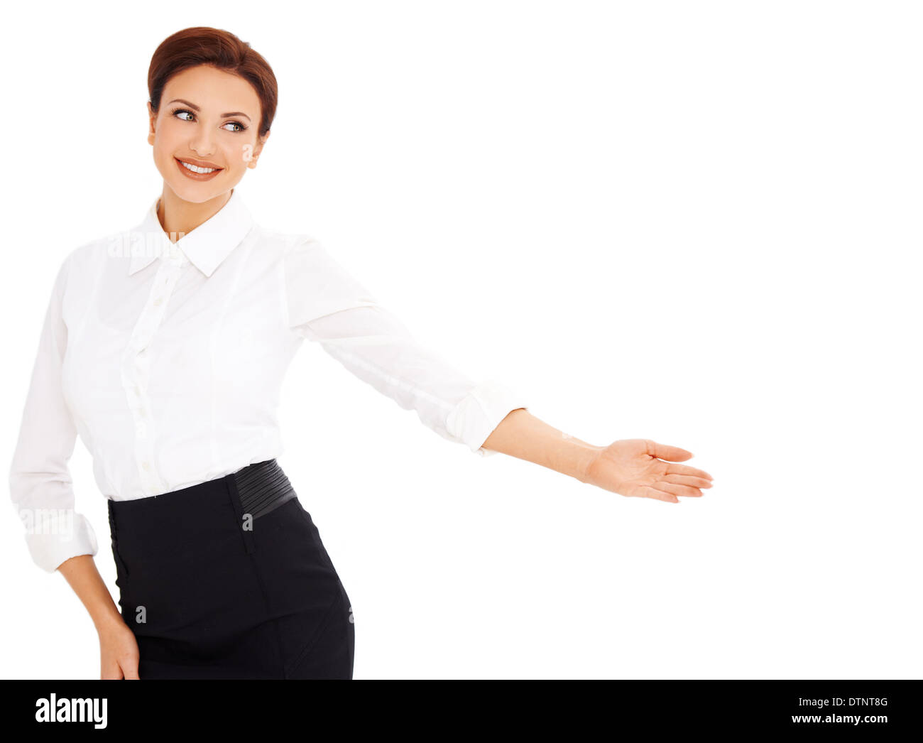 Lächelnde berufstätige Frau zeigen Stockfoto