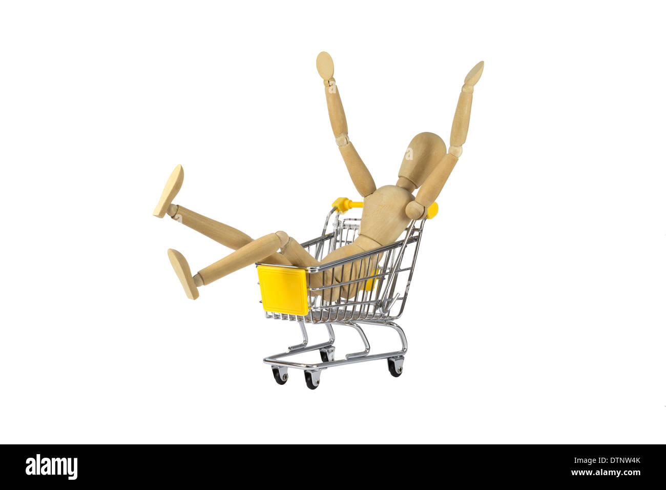 Weibliche Holzpuppe Shopping Wahnsinn Stockfoto