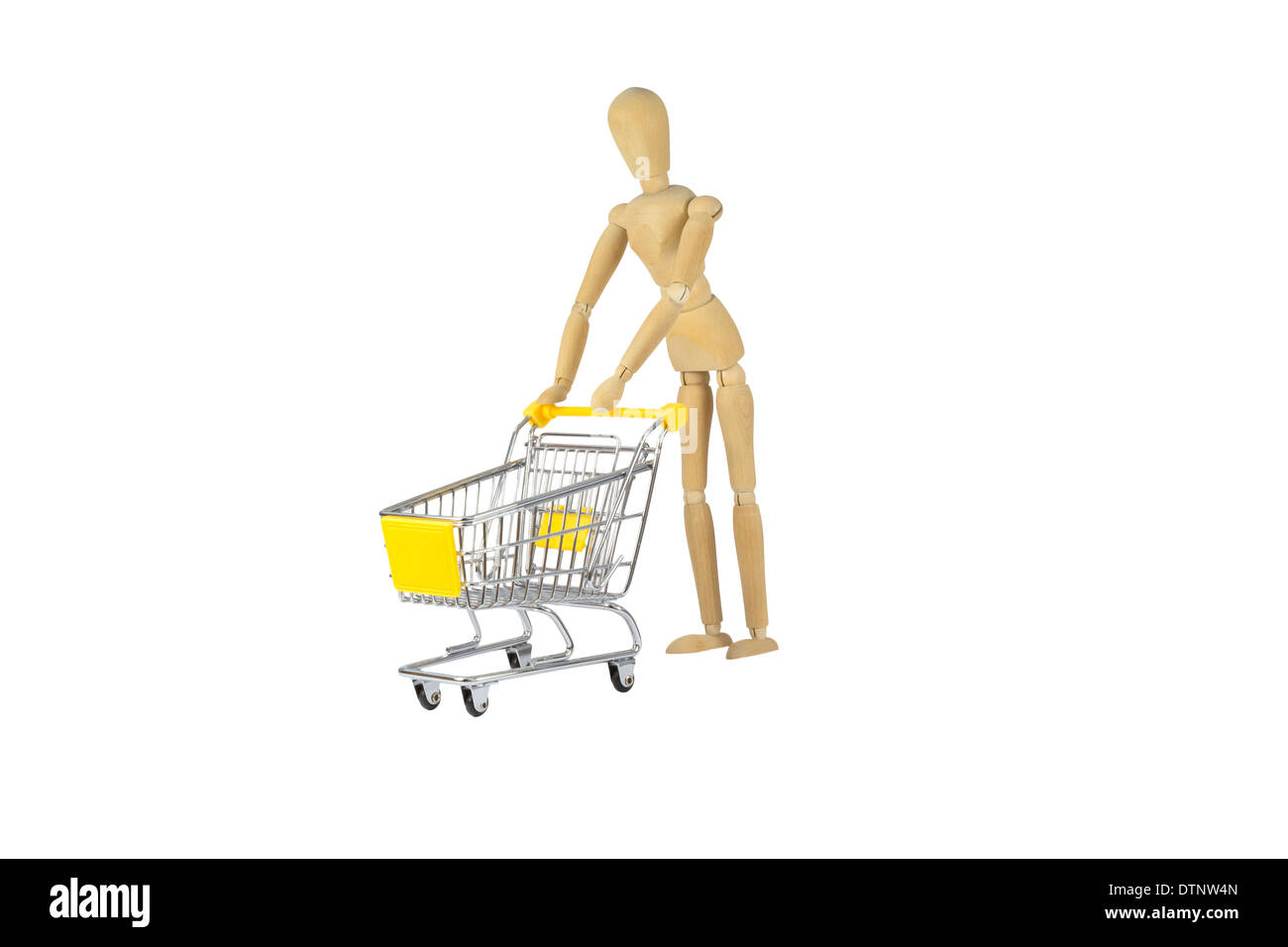 Weibliche Holzpuppe Shopping Wahnsinn Stockfoto