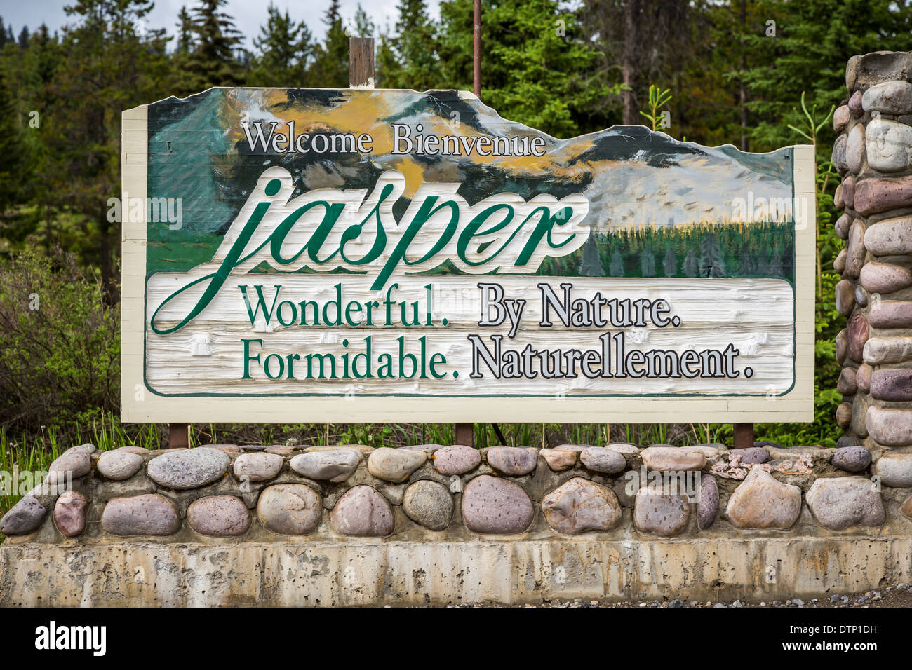 Der Jasper National Park Eingang Zeichen, Alberta, Kanada. Stockfoto