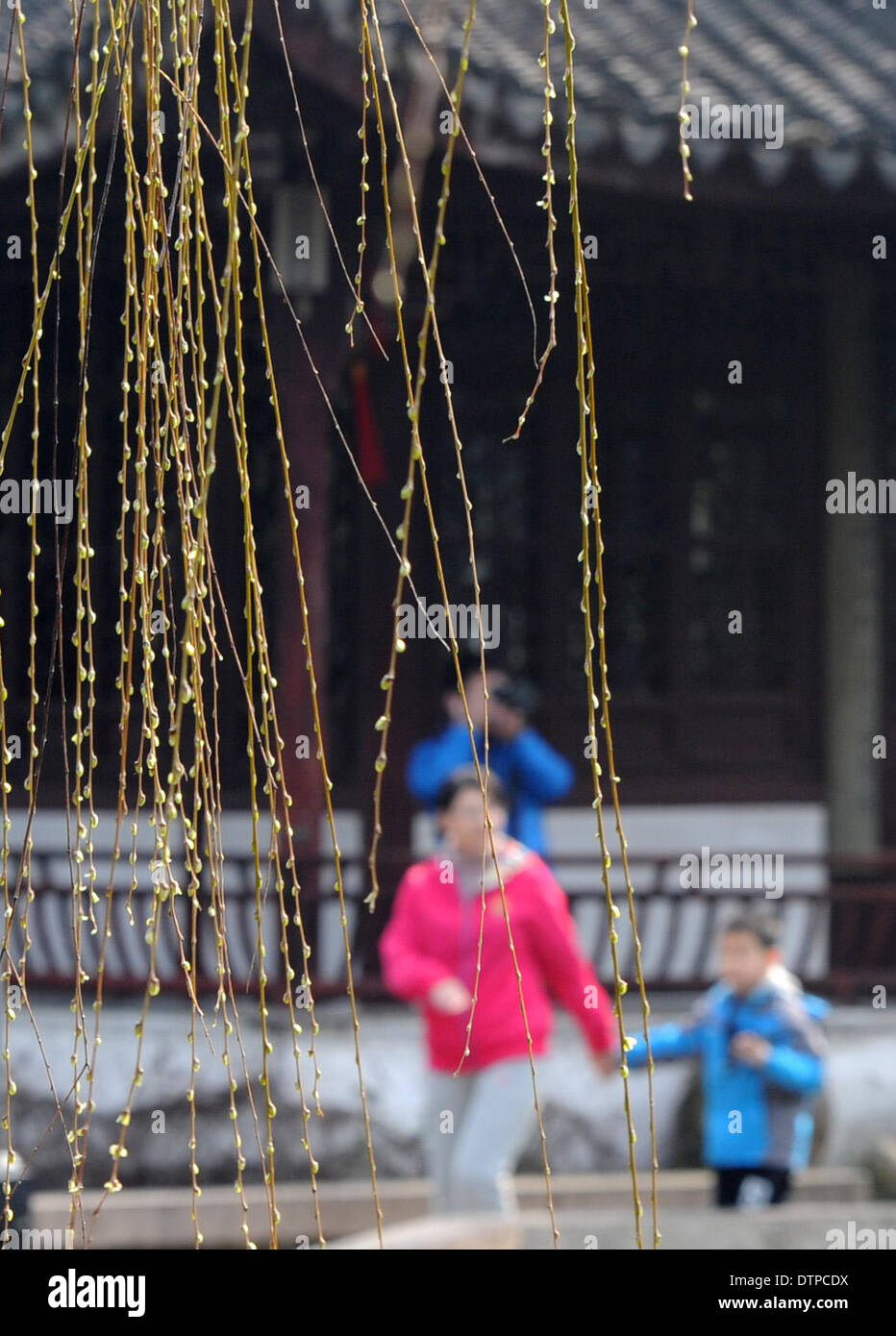 Suzhou, China Jiangsu Provinz. 22. Februar 2014. Menschen besuchen den Zhuozheng Yuan Garten, einem berühmten alten Garten in Suzhou, der ostchinesischen Provinz Jiangsu, 22. Februar 2014. Am Samstag, stieg die Temperatur in Suzhou mit blühenden Blumen, die Besucher anzieht. © Hängen Xingwei/Xinhua/Alamy Live-Nachrichten Stockfoto