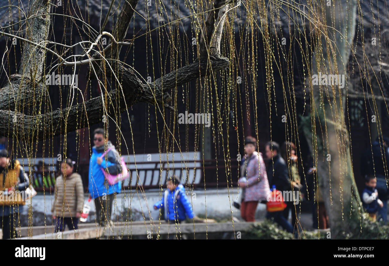 Suzhou, China Jiangsu Provinz. 22. Februar 2014. Menschen besuchen den Zhuozheng Yuan Garten, einem berühmten alten Garten in Suzhou, der ostchinesischen Provinz Jiangsu, 22. Februar 2014. Am Samstag, stieg die Temperatur in Suzhou mit blühenden Blumen, die Besucher anzieht. © Hängen Xingwei/Xinhua/Alamy Live-Nachrichten Stockfoto