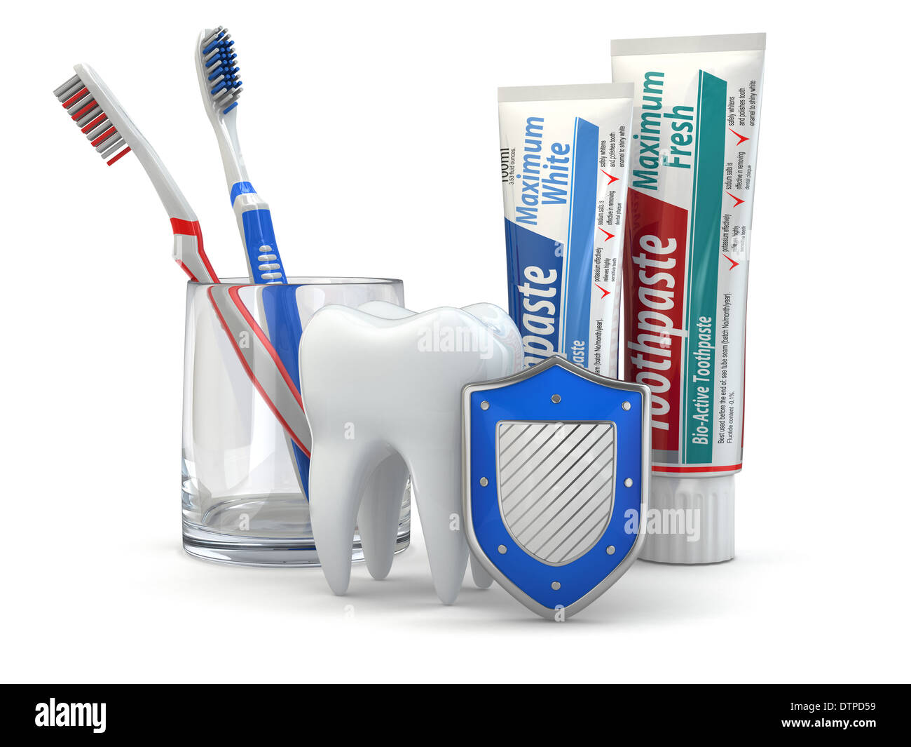 Zahnschutz, Zahn, Schild, Zahnpasta und Zahnbürsten. 3D Stockfotografie -  Alamy