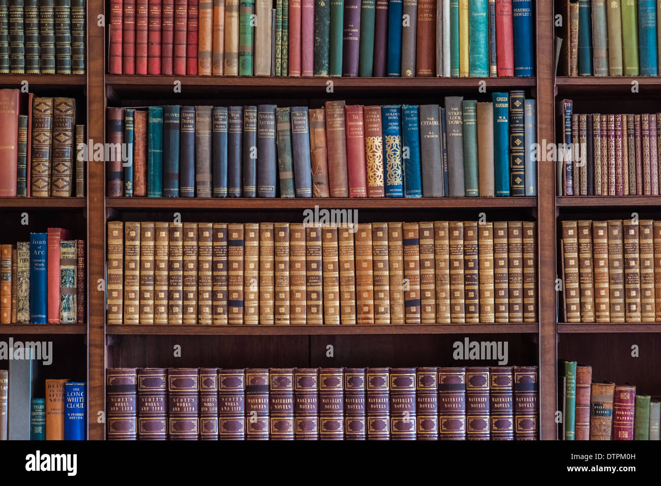 Alte antike Bücher in Regalen Stockfoto