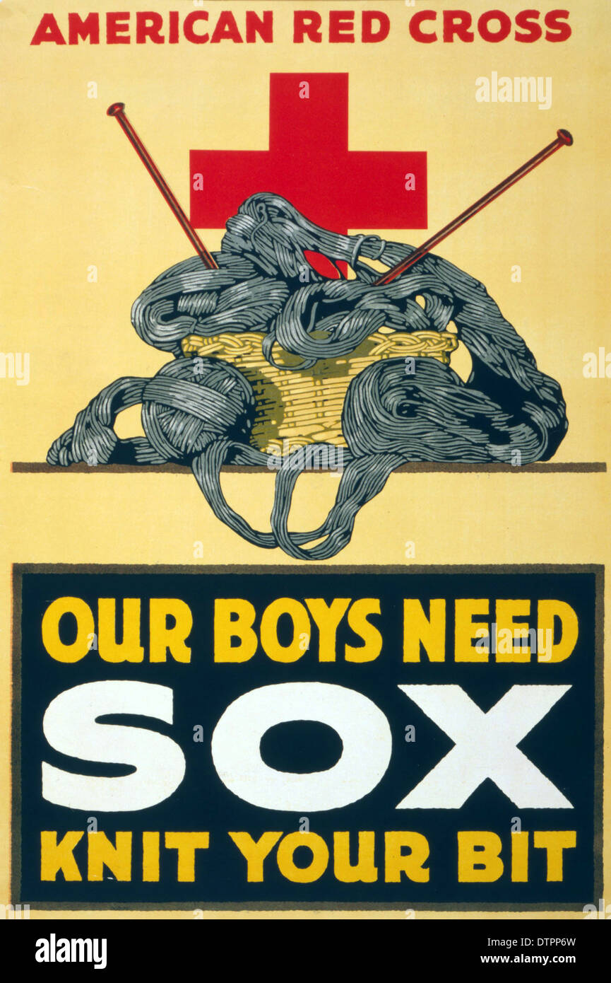 Eine amerikanische Rote Kreuz Propagandaplakat stricken für die im 2. Weltkrieg kämpfenden Truppen zu fördern Stockfoto