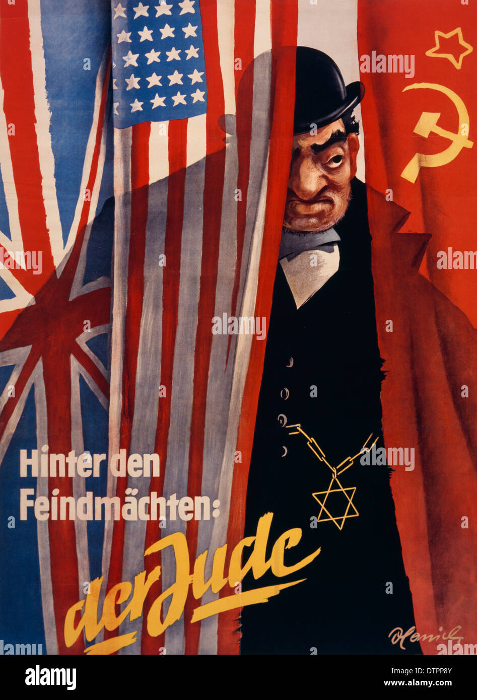 Anti Semitic Propaganda Poster vom deutschen NS-Regime Ära, in der die Juden als reich, fett und hässlich aussehenden Mann mit prominenten übertrieben Nase angezeigt wird Stockfoto