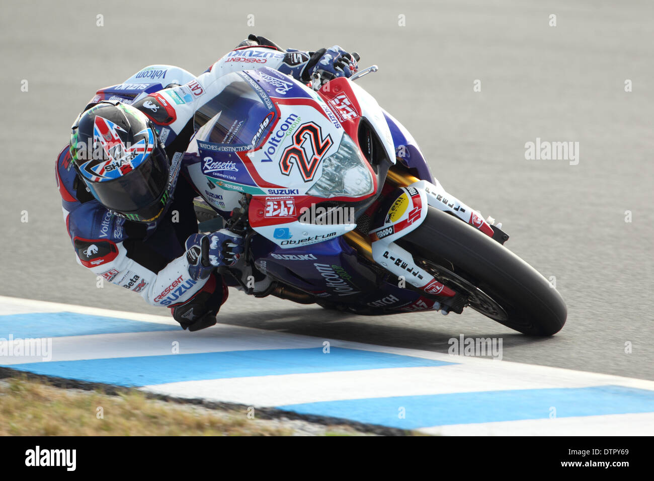 Phillip Island Grand Prix Circuit, Australien. Sonntag, 23. Februar 2014. Runde 1 FIM Superbike-Weltmeisterschaft 2014. Der Brite Alex Lowes drehen durch Doohan Ecke im Warm-up am Sonntagmorgen an Bord seines Voltcom Crescent Suzuki GSX-R1000 Superbike. Lowes qualifizierte 5. für das erste Rennen der Saison. Bildnachweis: Russell Hunter/Alamy Live-Nachrichten Stockfoto