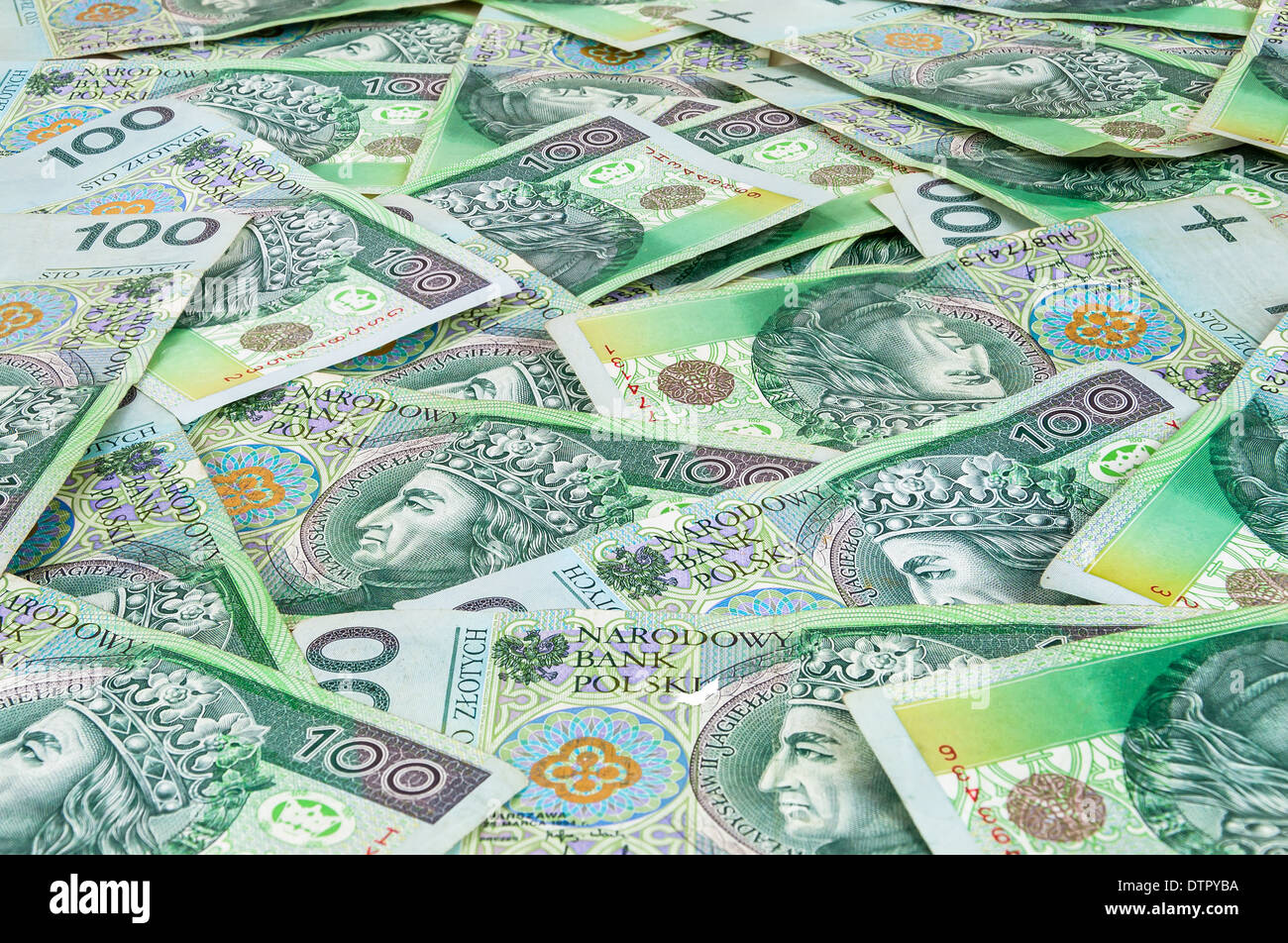 Hintergrund von 100 PLN (polnische Zloty) Banknoten Stockfoto