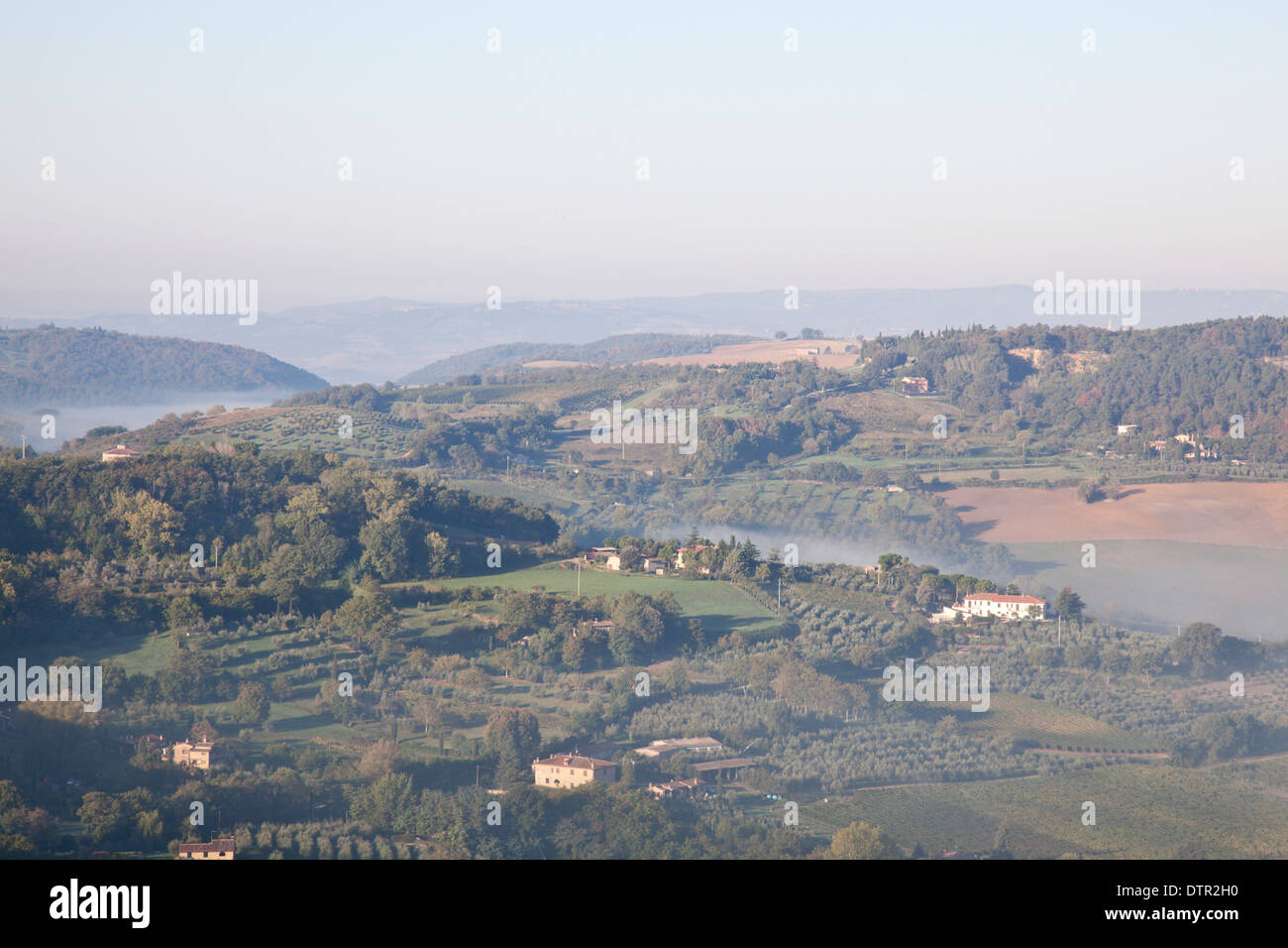 Morgennebel und Sonnenlicht auf den Pisten im Tal unterhalb von Montepulciano, Toskana, Italien. Obligatorische Kredit Jo Whitworth Stockfoto