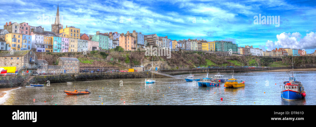 Panorama von Tenby Pembrokeshire Wales Walisisch Altstadt auf Westseite der Carmarthen Bay wie Gemälde in HDR Stockfoto