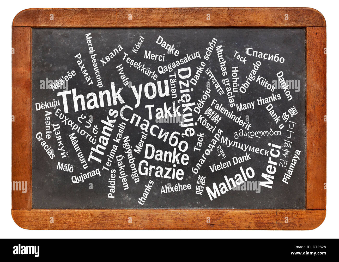 Danke in verschiedenen Sprachen - Wortwolke auf einer Vintage Schiefer Tafel Stockfoto
