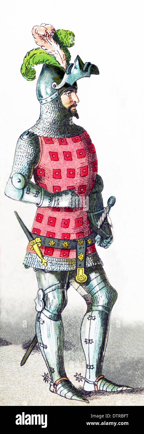Die Figur stellt einen französischen Ritter um 1300 n. Chr.. Die Abbildung stammt bis 1882. Stockfoto