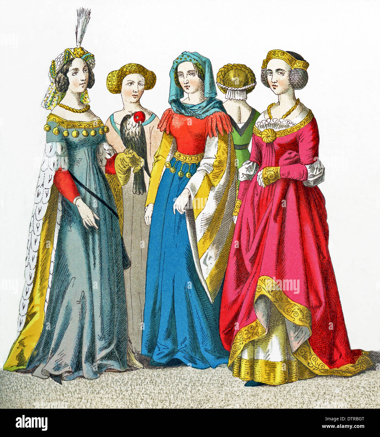 Hier sind deutsche Frauen 1450 und 1500 n. Chr. – von links nach rechts: Bürgerin, Dame von Rang und drei weibliche Bürger. Stockfoto