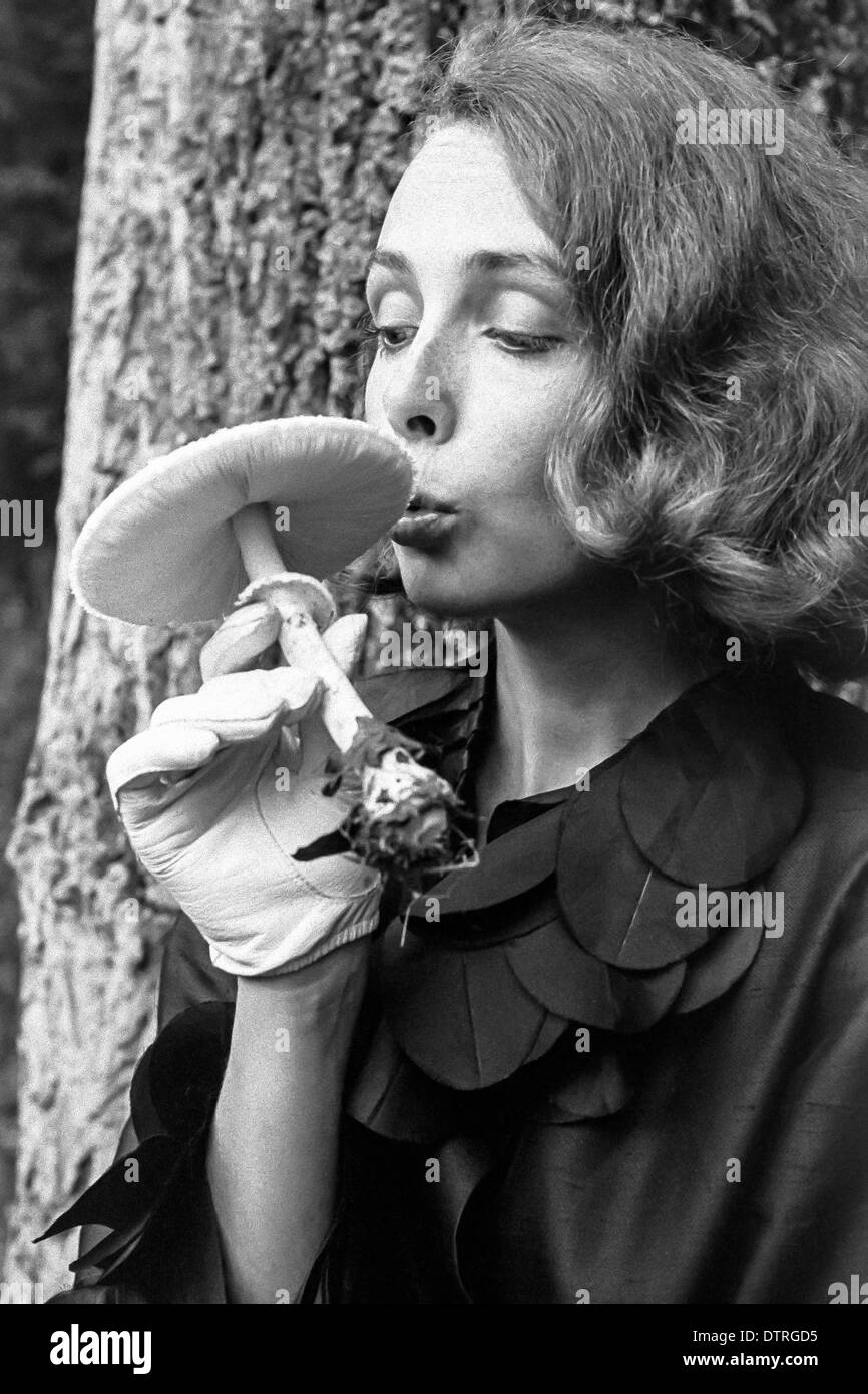 60er Jahre Mode Modell Porträt riechen einen Pilz Stockfoto