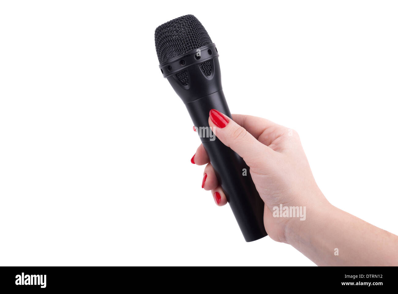 Weibliche Hand mit einem Mikrofon. Stockfoto