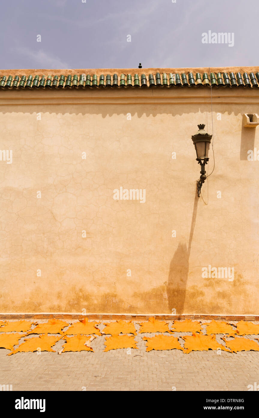 Trocknung, gefärbt versteckt in Place De La Kissariat Ben Youssef in der Medina von Marrakesch, Marokko. Stockfoto