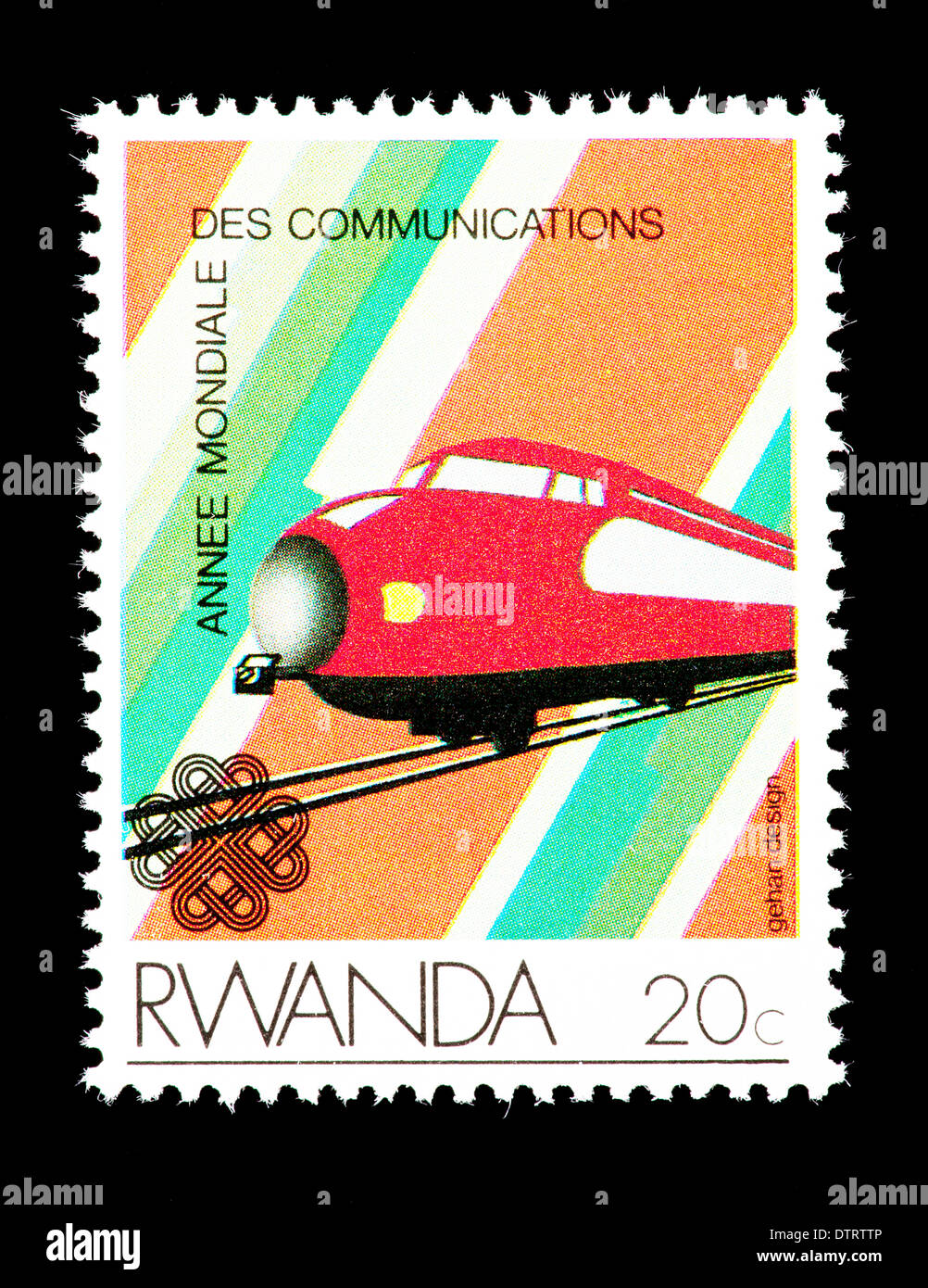 Briefmarke aus Ruanda, die Darstellung eines Zuges, ausgestellt für Welt-Kommunikation-Jahr, 1984. Stockfoto