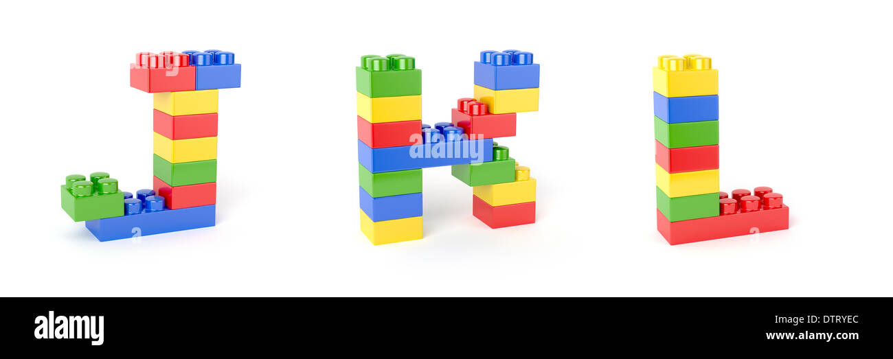 3D Render von Ziegelblöcke bunten Buchstaben Alphabet. Bildungskonzept. J, K, L Stockfoto