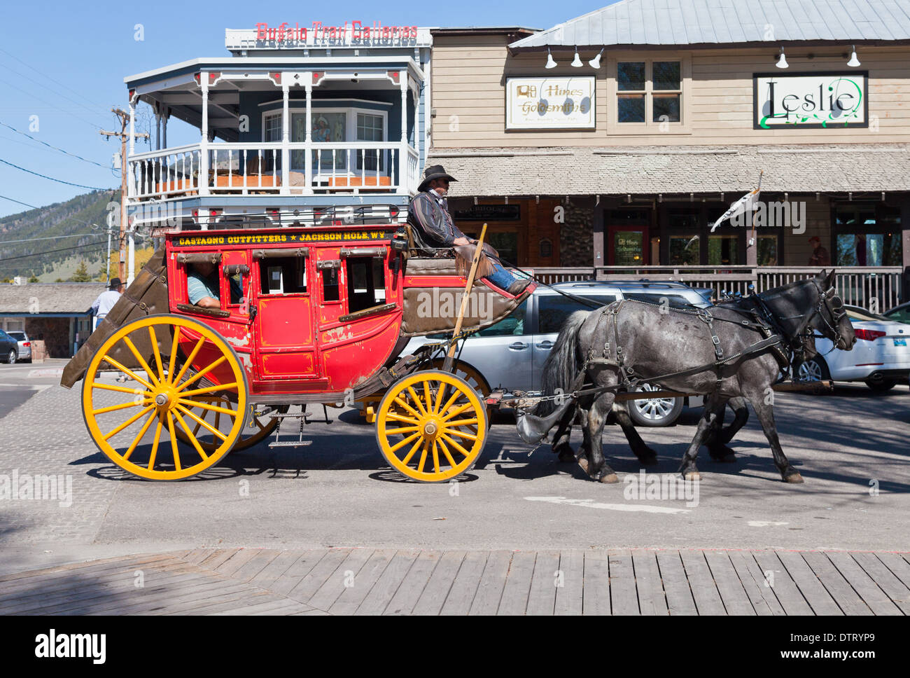 Pferdekutsche. Die Innenstadt von Jackson Hole, WY, Wyoming Stockfoto