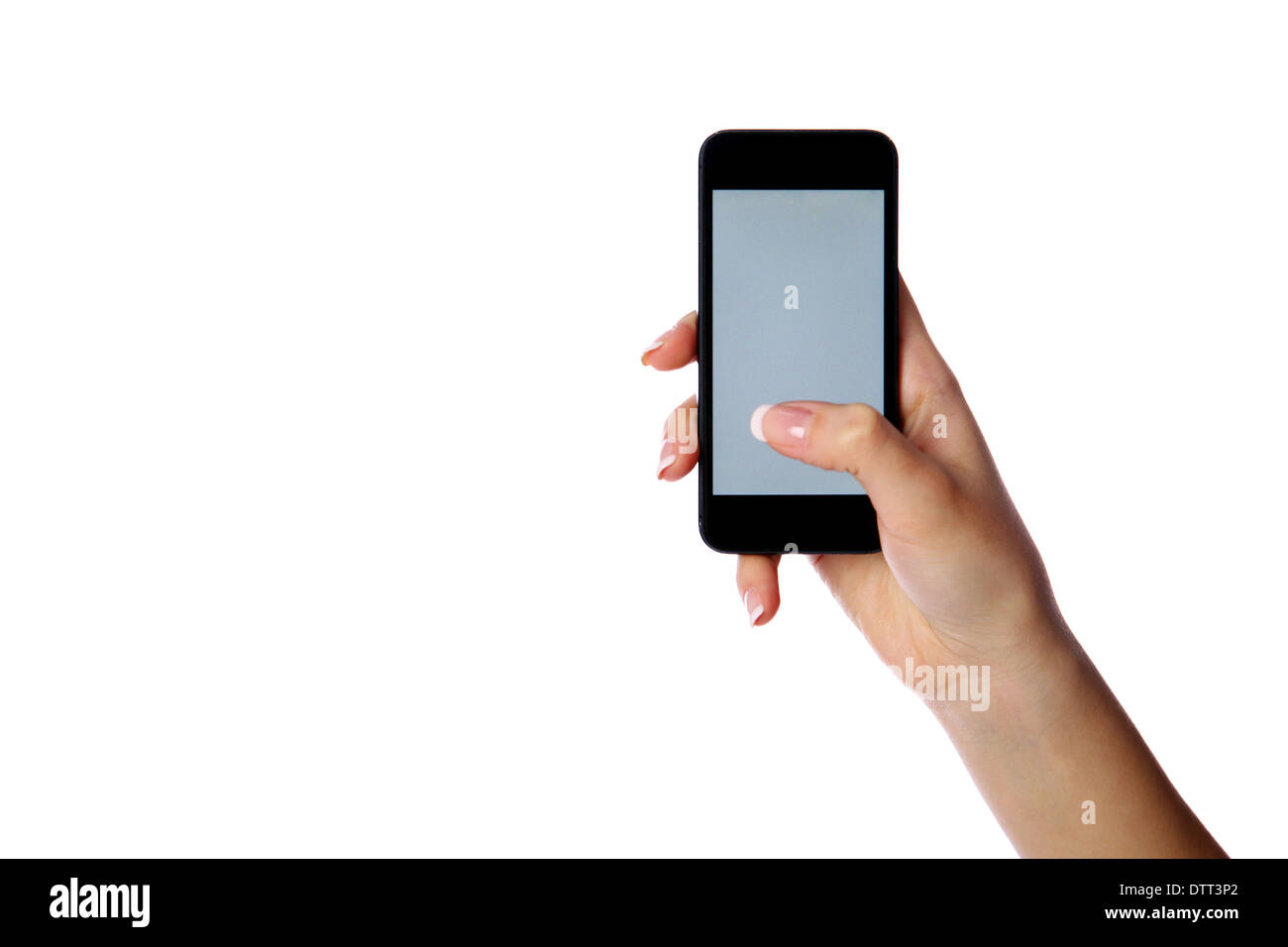 Closeup Portrait einer weiblichen Hand hält Smartphone isoliert auf weißem Hintergrund Stockfoto