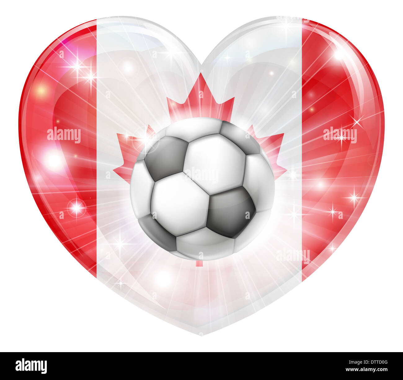 Kanada-Fußball-Fußball-Ball-Fahne Liebe Herz Konzept mit der kanadischen Flagge in Form eines Herzens und eines Fußballs fliegen aus Stockfoto