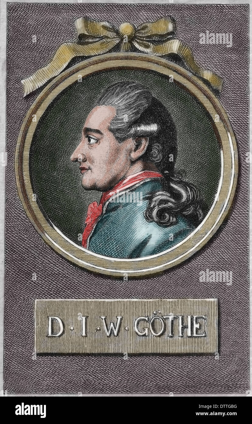 Johann Wolfgang von Goethe (1749-1832). Deutscher Schriftsteller und Universalgelehrter. Romantik. Gravur. Farbe. Stockfoto