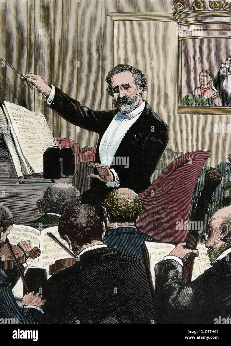Giuseppe Verdi (1813-1901). Italienischer Komponist der Romantik. "Frankreich, Paris. Verdi eine seiner eigenen Opern dirigieren. Farbe-Gravur Stockfoto
