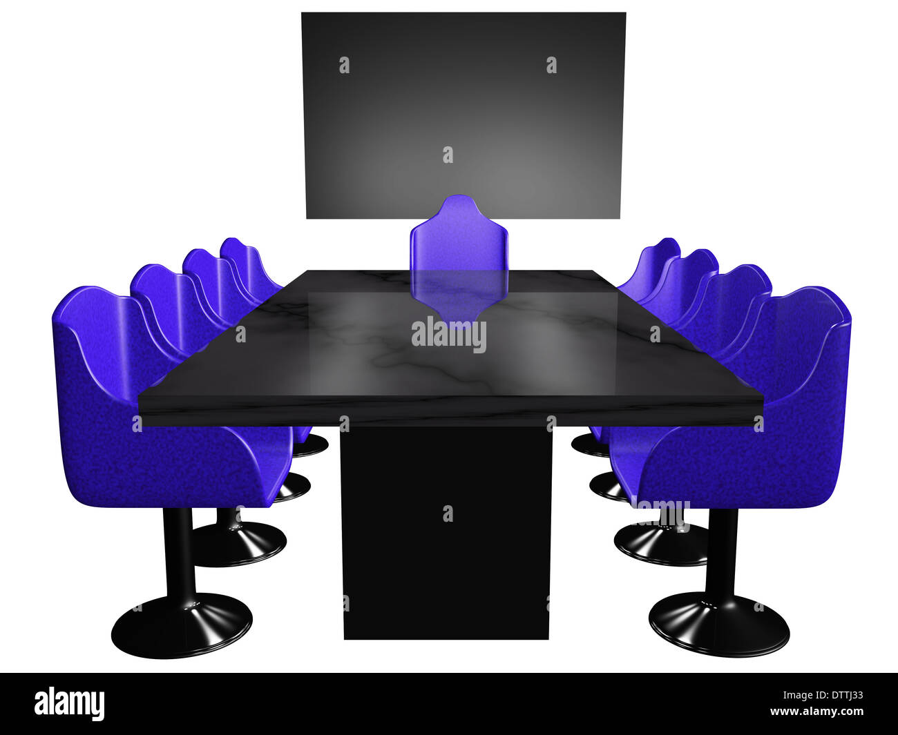 Ein 3d Konferenzraum Setup mit Stühlen um einen langen Konferenztisch, freie  Stühle und eine Tafel Stockfotografie - Alamy