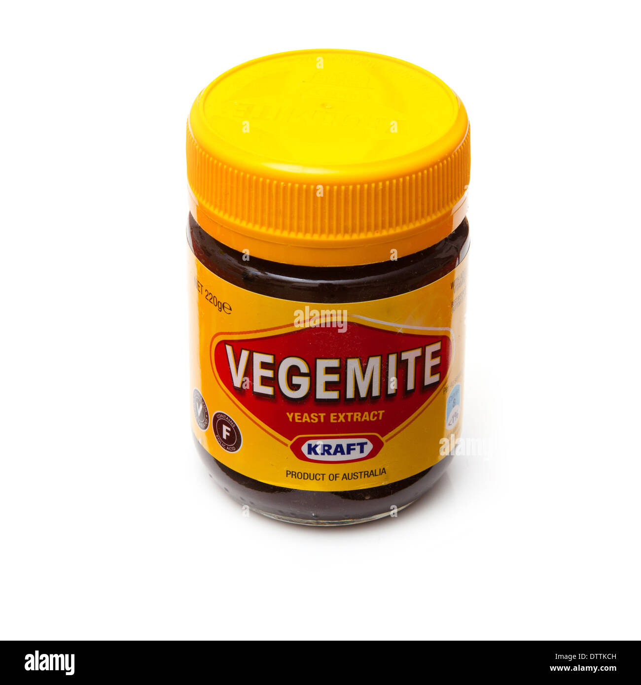 Vegemite, australische Hefeextrakt Ausbreitung isoliert auf einem weißen Studio-Hintergrund. Stockfoto