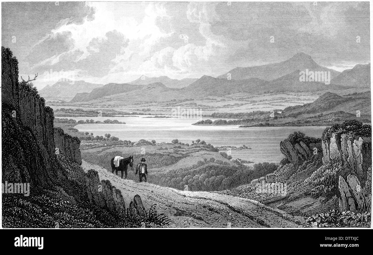 Eine Gravur mit dem Titel "Llyn Tegid oder Bala Lake, Merionethshire" Scannen mit hoher Auflösung aus einem Buch in den 1830ern veröffentlicht. Stockfoto