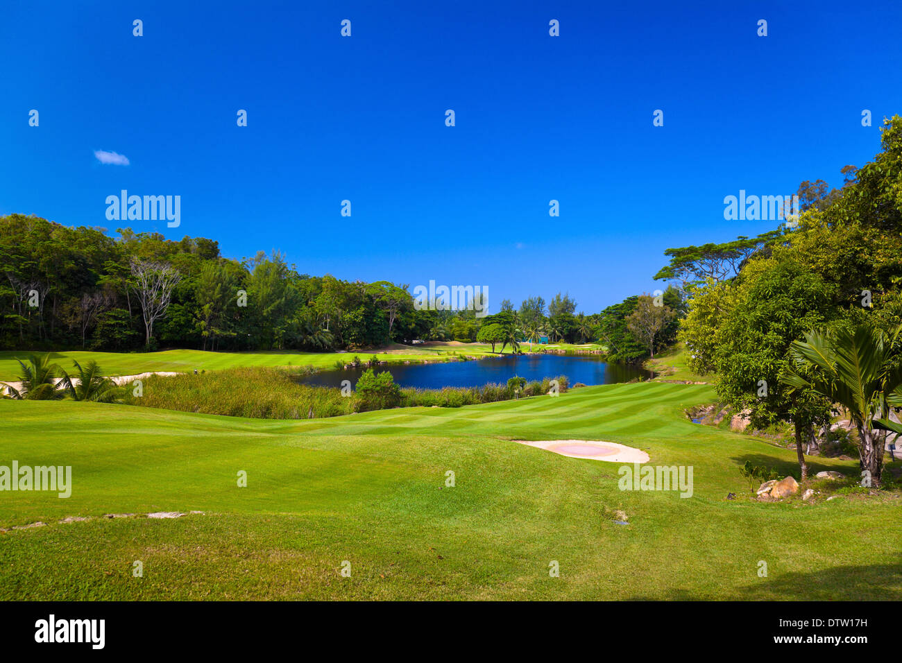Golfplatz auf der Insel Praslin, Seychellen Stockfoto