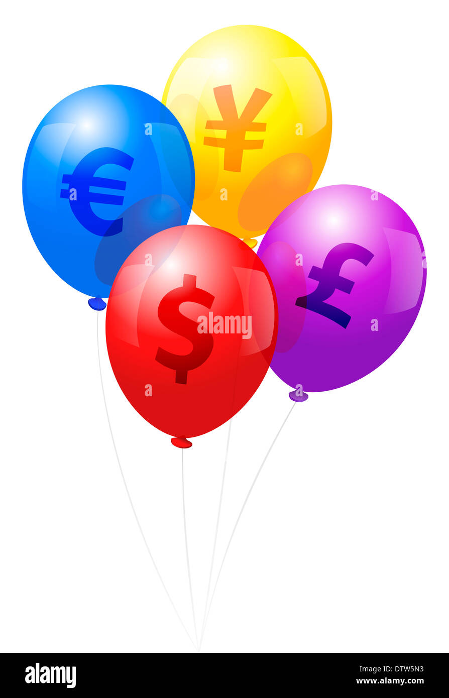 Vier Luftballons beschriftet mit den Symbolen der Weltwährungen, Dollar, Euro, Yen und Pfund. Stockfoto
