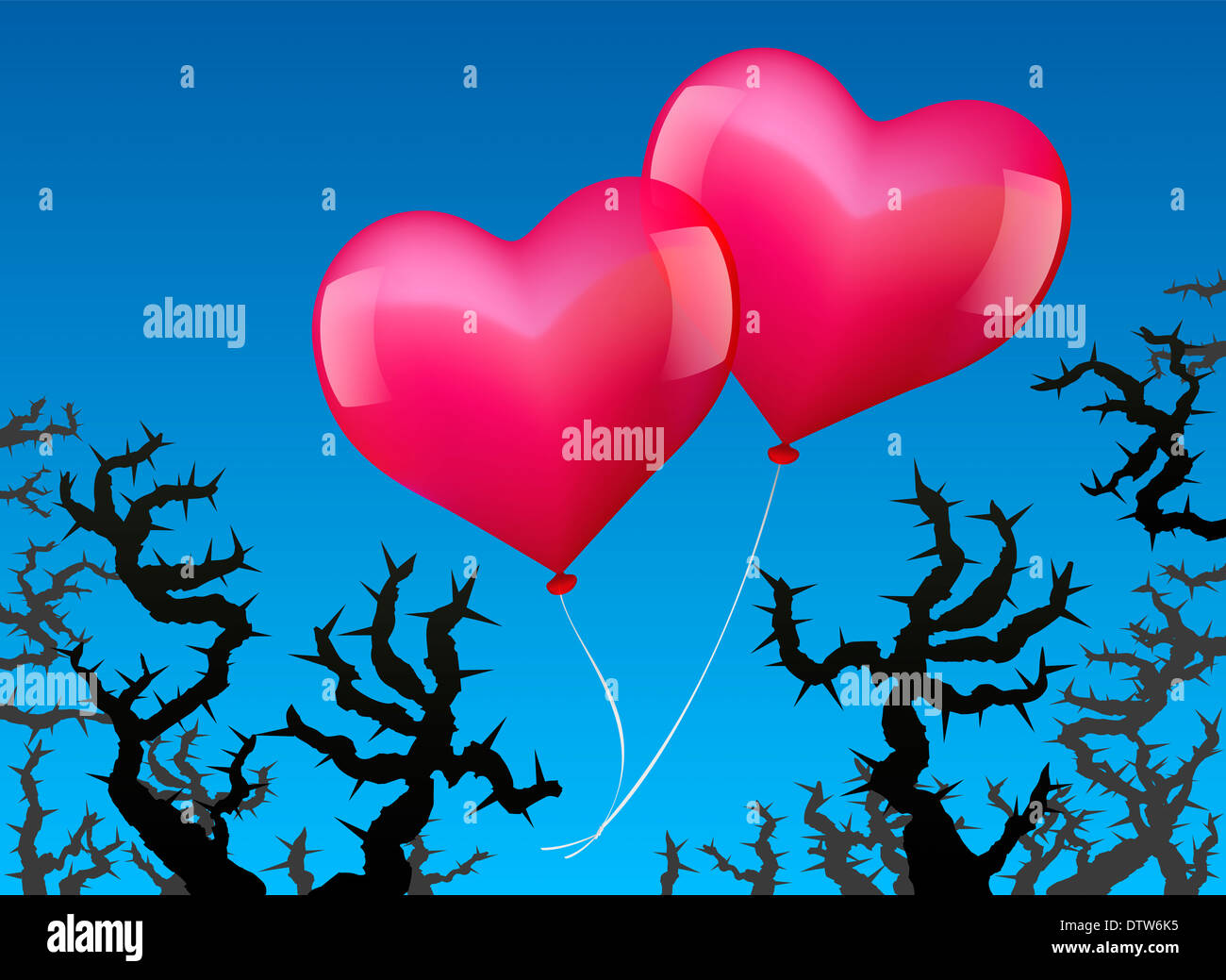 Zwei rosa Luftballons in Herzform sind bedroht durch Dornen. Stockfoto