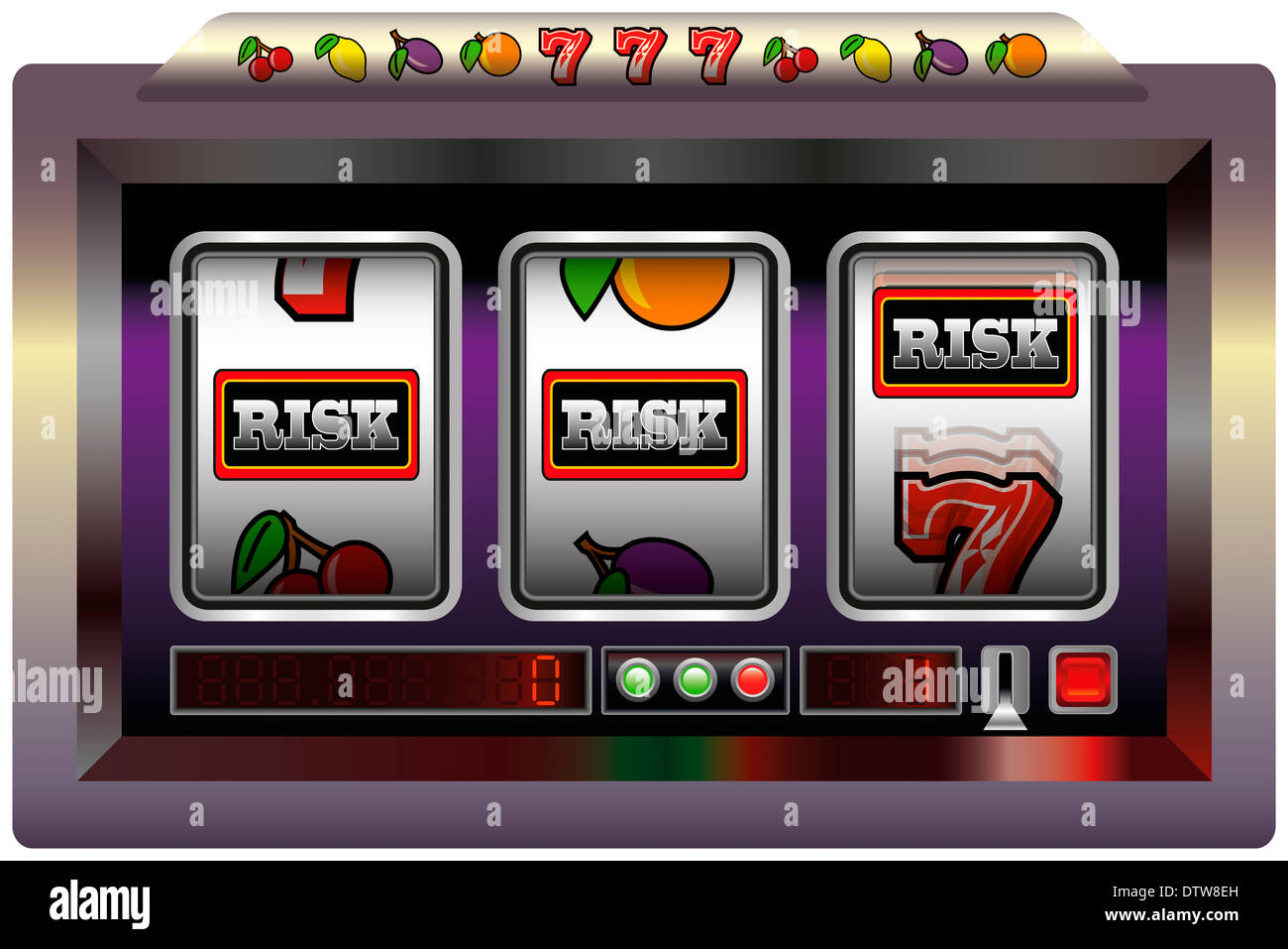 Beispiel für ein Spielautomat mit drei Walzen, Spielautomat Symbolen und Schriftzügen Risiko. Stockfoto