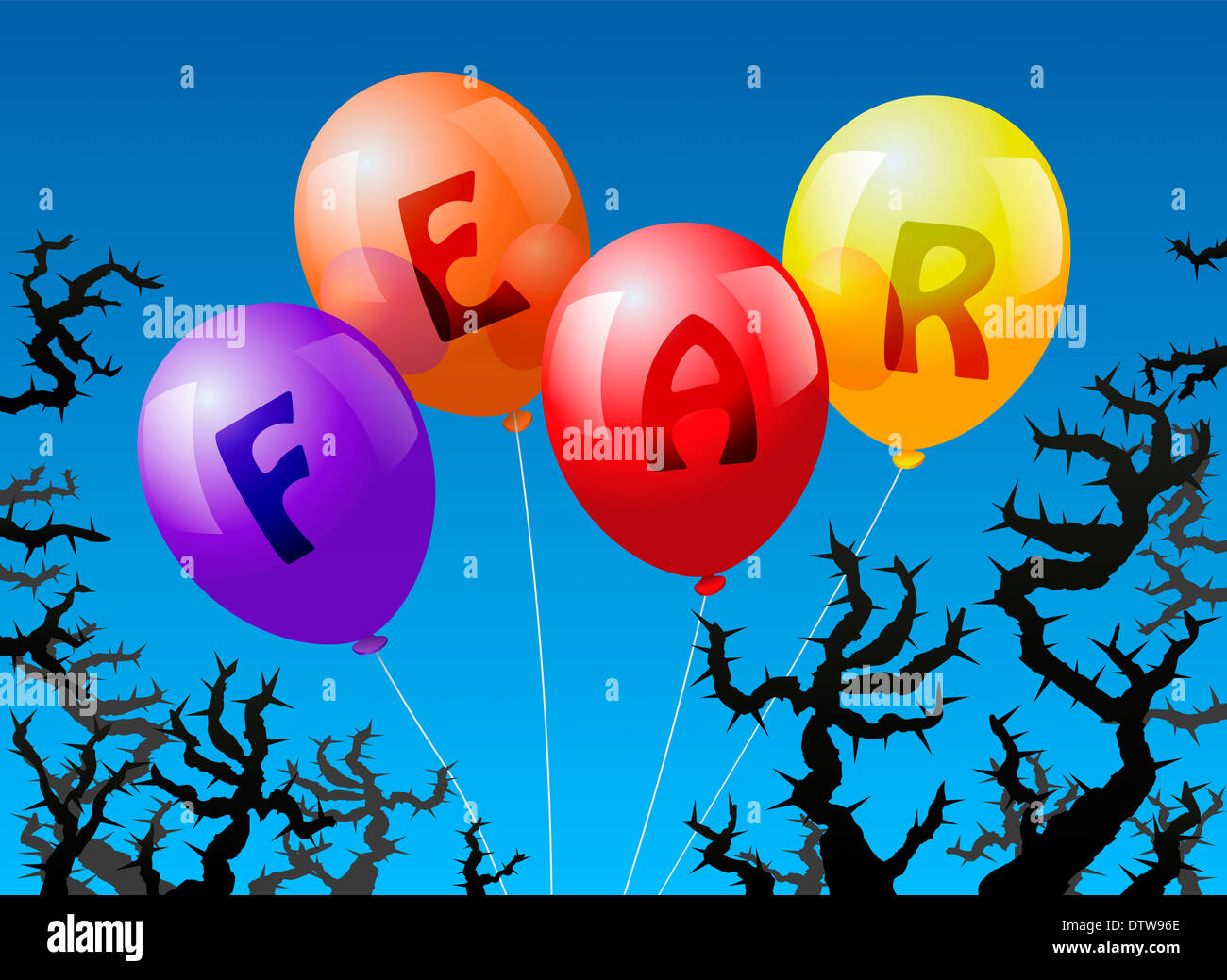 Vier Ballons, die mit dem Wort Angst gekennzeichnet sind, droht der Dornen. Stockfoto